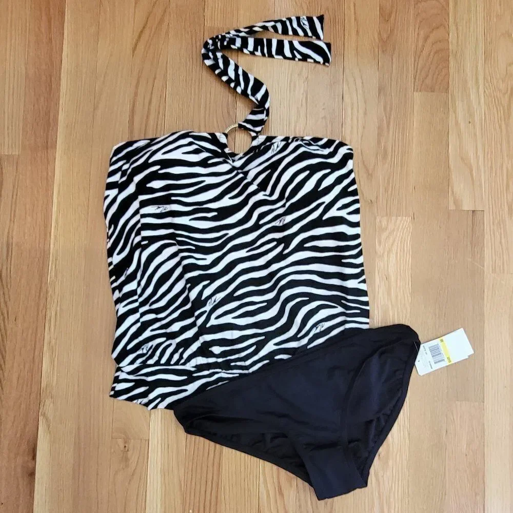 Michael Kors Black Logo-Ring Blouson Tankini Top & Hipster Bottom Size Medium